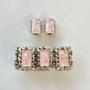 Vtg 1950s Light Pink Confetti Lucite Link Bracelet & Matching Clip On Earrings